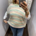 Chaleco de punto de rayas multicolor en tonos pastel rosa, verde y azul combinado con camisa blanca y vaqueros.